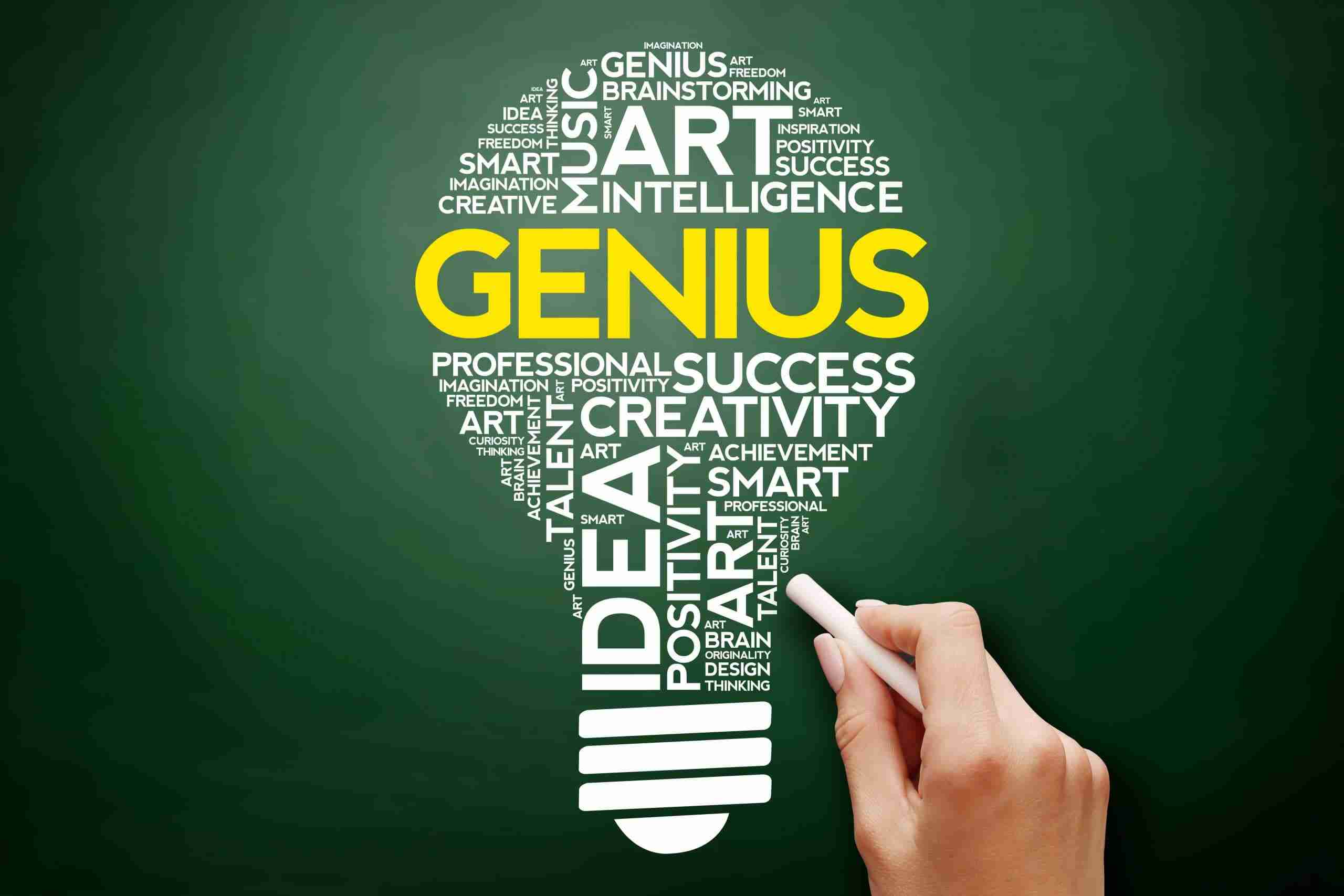 A drawing of a lightbulb made of various words including 'Genius' in bright gold
